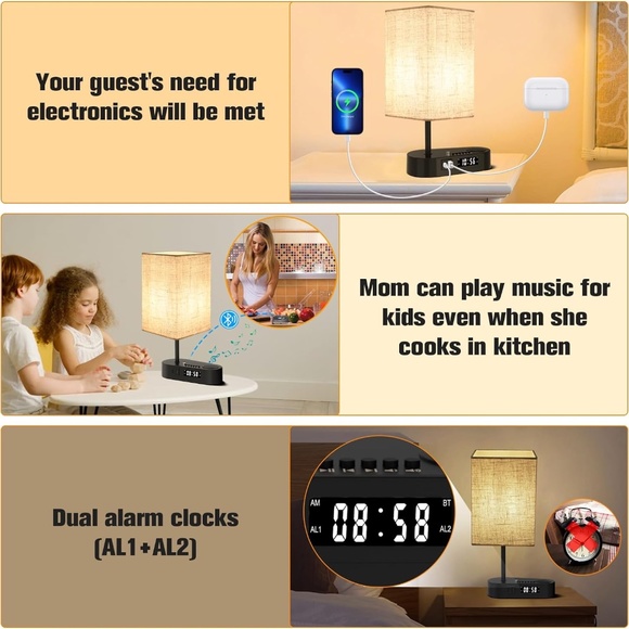 Table Lamps for Bedroom with Bluetooth Alarm Clocks,USB Ports Nightstand - Picture 2 of 9